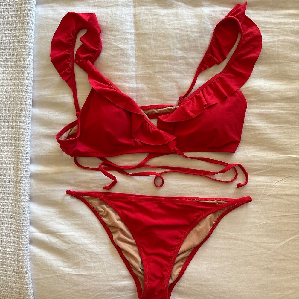 J.Crew Red Ruffle top string bikini